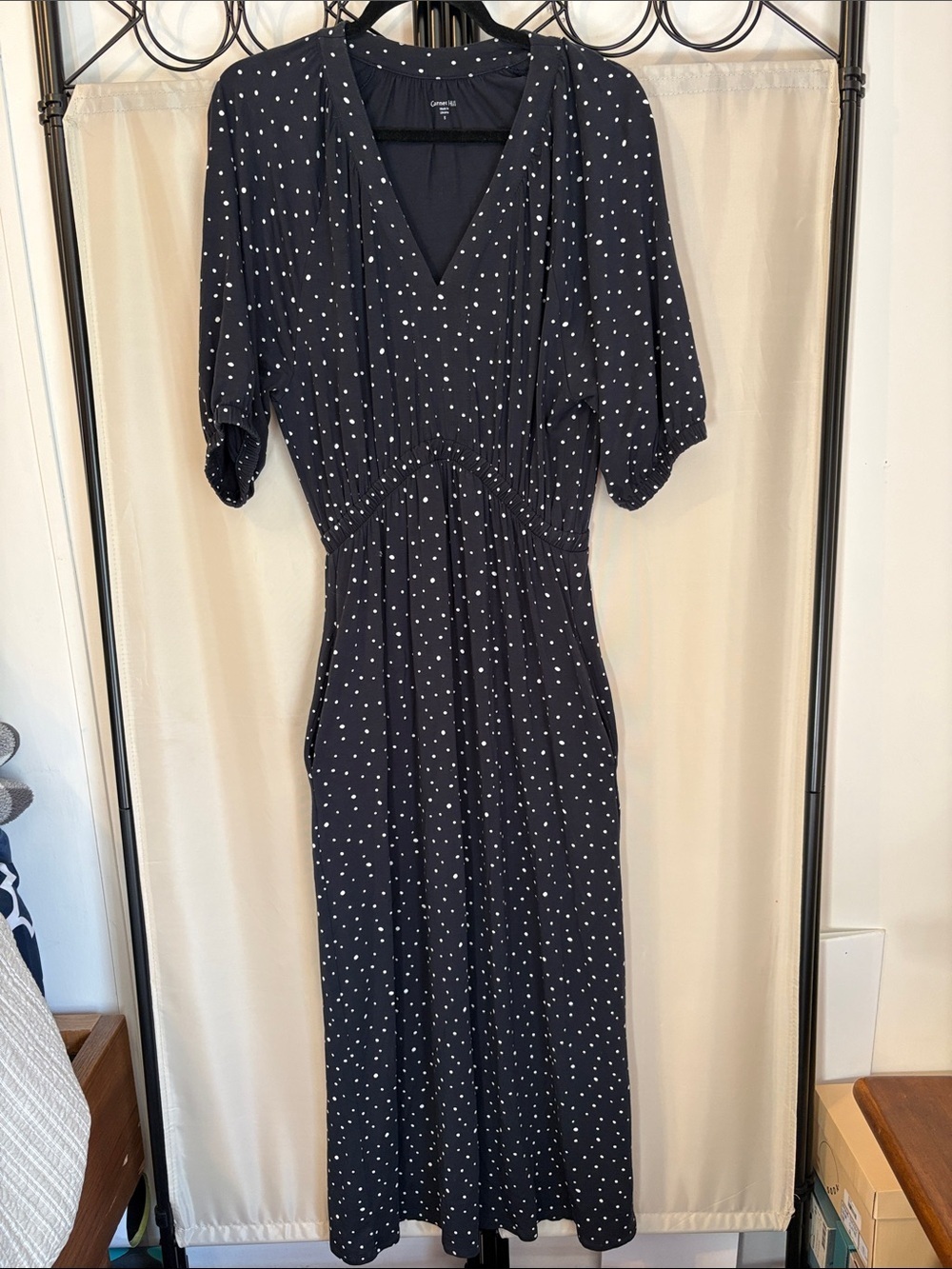 Garnet Hill Navy Blue Midi Dress with White Polka Dots